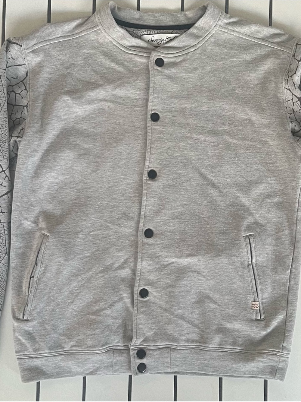 Sovereign Code Light Gray Snap-Front Bomber Jacket with Patterned Sleeves